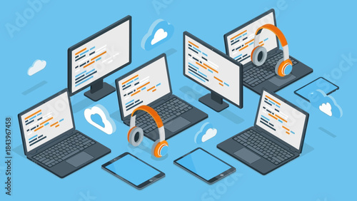 Isometric digital workspace with laptops and headsets in cloud computing environment