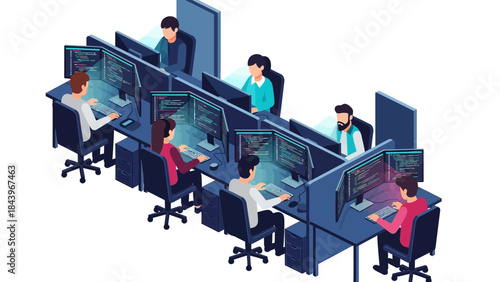 Team of programmers working in an isometric office setup