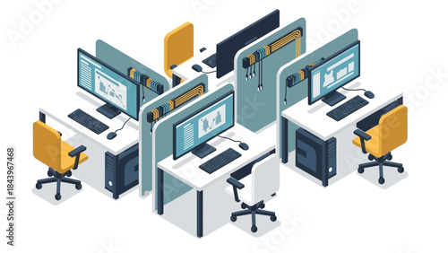 Modern office workspace with computers and dividers in isometric view