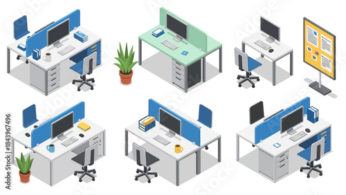 Modern office desk setups in isometric design for efficient workspaces