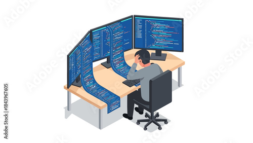 Frustrated programmer at desk with multiple screens displaying code in isometric style