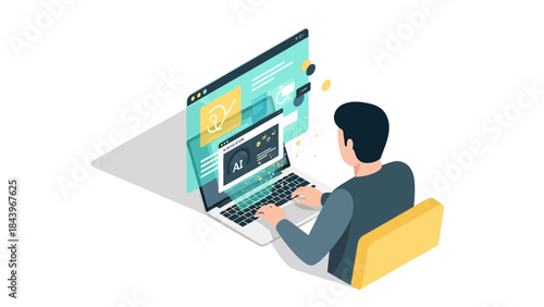 Isometric design: man working on ai programming and web development at laptop