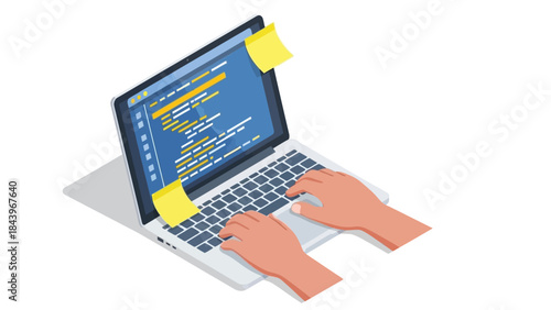 Isometric laptop with coding program and hands typing on keyboard