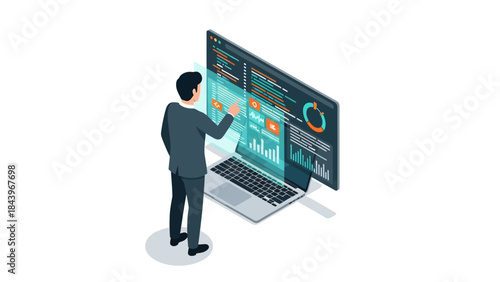 Businessman analyzing data on virtual dashboard with isometric laptop and charts