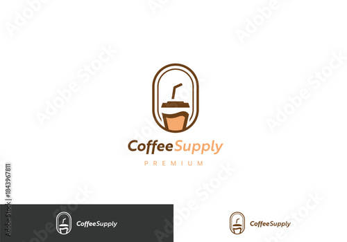 Brown color coffee shop or cafe logo with takeaway cup simple icon