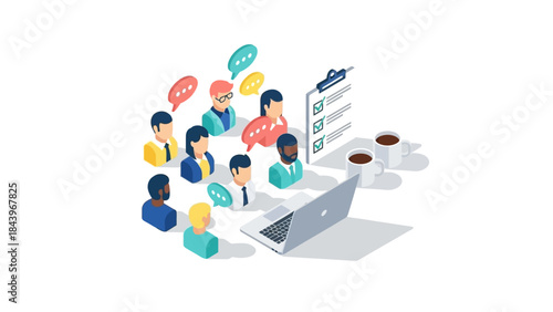 Remote team meeting concept with diverse people and online collaboration in isometric style