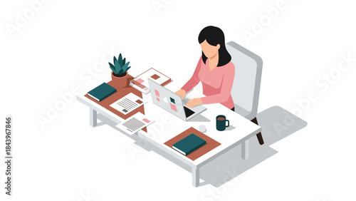 Isometric office workspace with woman working on laptop