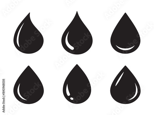 Black Oil Drop Icons Set, Liquid Droplet Silhouettes for Fuel, Petroleum, Water, Ink, and Industrial Design Concepts