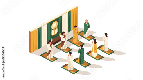 Isometric worshippers praying in mosque with rugs and imam