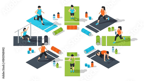 Diverse fitness workout routine in isometric style with exercise equipment