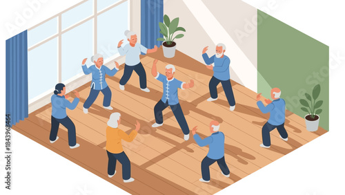 Elderly group practicing tai chi indoors in isometric style setting