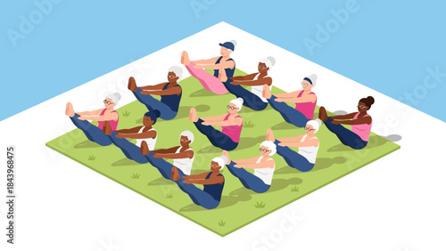 Healthy lifestyle: seniors practicing yoga outdoors in isometric style
