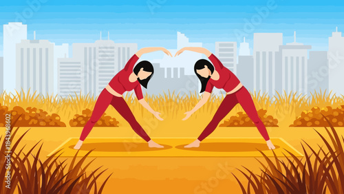 Women practicing yoga in autumn urban park with cityscape background