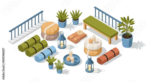 Isometric outdoor relaxation set with lanterns, plants, and yoga mats