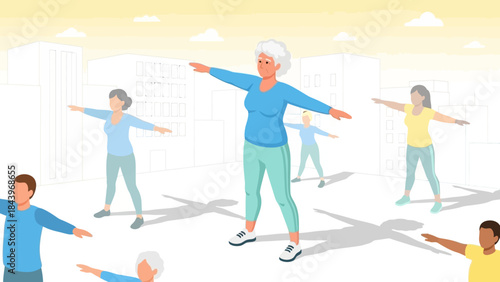 Seniors and children exercising outdoors on a sunny day