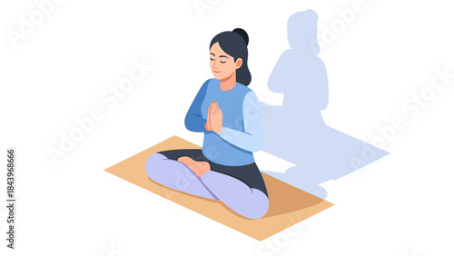Peaceful meditation pose with shadow on yoga mat in minimalistic pastel style