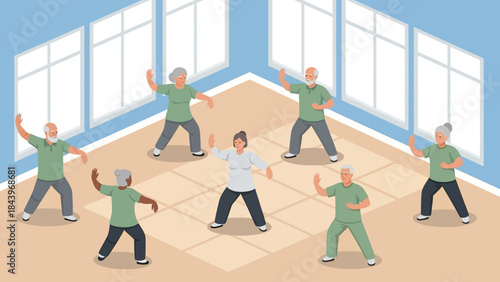 Seniors practicing tai chi indoors in a group setting for health and wellness