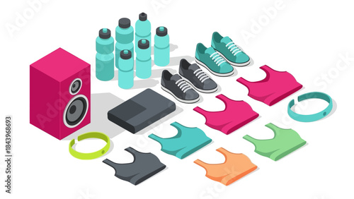 Modern isometric sportswear and gym accessories collection