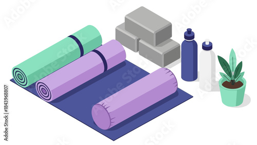 Isometric yoga equipment: mats, blocks, and accessories with modern design