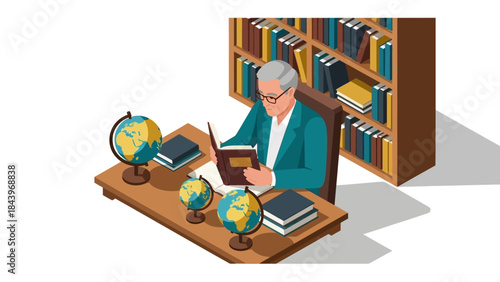 Elderly man reading in library with globes and books in isometric style