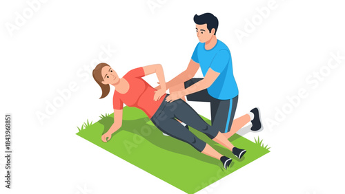 Personal trainer assists woman with side plank exercise on mat in park