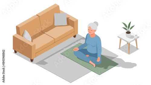 Elderly woman meditating at home in cozy living room with modern furniture and indoor plant