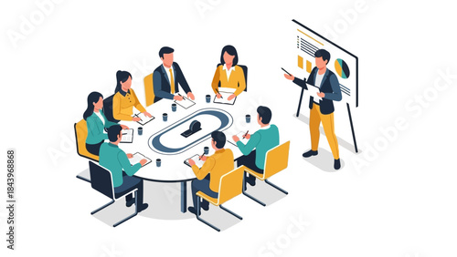 Team meeting with presenter at round table in professional office setting