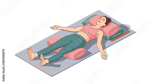 Relaxation pose: woman practicing yoga nidra on mat with pillows