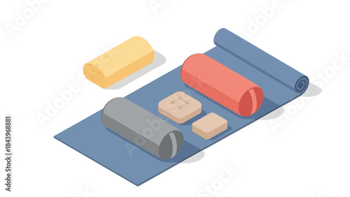 Isometric yoga mat and foam rollers on white background