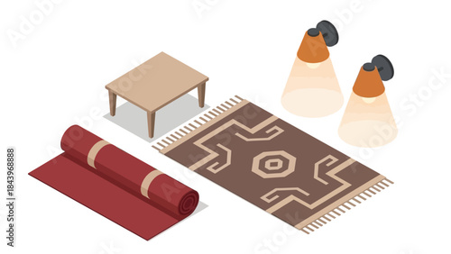 Isometric room decor: rug, table, and lamps