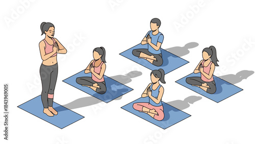 Group practicing yoga outdoors in flat style illustration