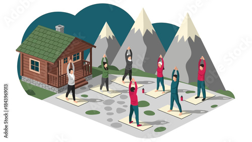Outdoor yoga retreat in mountains with diverse group practicing together near wooden cabin