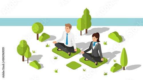 Office professionals practicing meditation outdoors in isometric design