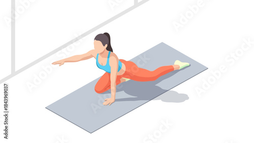 Isometric woman practicing yoga indoors on a mat in workout gear