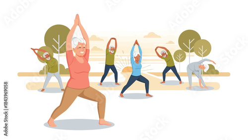 Seniors enjoying outdoor yoga in a scenic park setting for active living