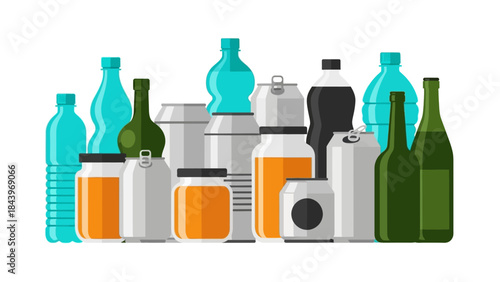 Assorted beverage containers in flat style with transparent and opaque bottles, cans, and jars