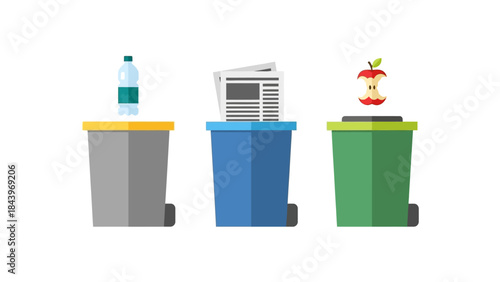 Recycling bins for paper, plastic, and organic waste in flat design