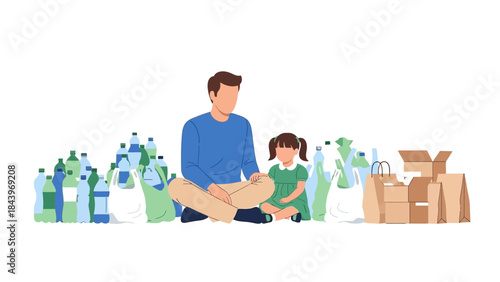 Father and daughter recycling together with plastic bottles and cardboard boxes