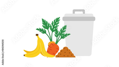 Composting icons with banana, carrot, and waste bin in minimalist flat design