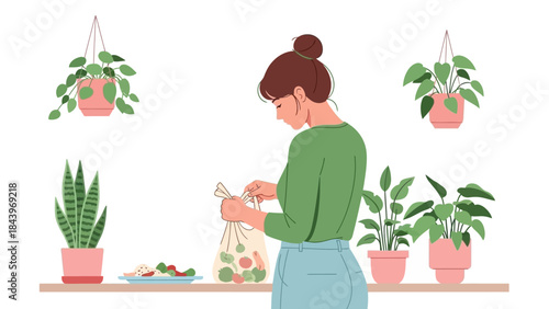 Woman with reusable bag tends to indoor plants in minimalist setting