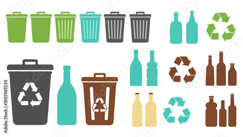 Colorful recycling and waste bins with symbols for environmental awareness