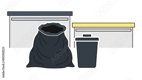 Flat style recycling and waste disposal bins with garbage bag