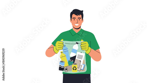 Eco-friendly recycling enthusiast holding recyclable materials in flat design