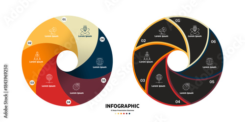 Infographic circular vector template with 6 options, parts. 6-step cycle diagram for business infographics. Process chart, vector banner for presentation, report, annual,brochure, web, data visualizat