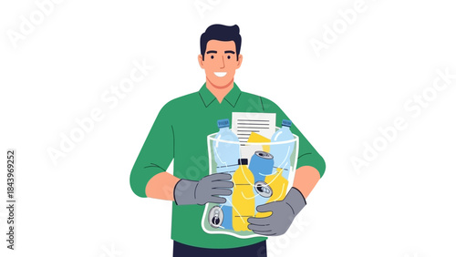 Smiling man holding recyclable items in bin with gloves on white background