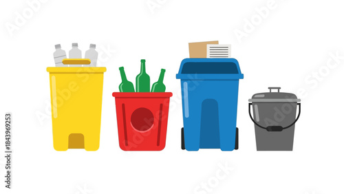 Colorful recycling bins with waste items for environmental awareness
