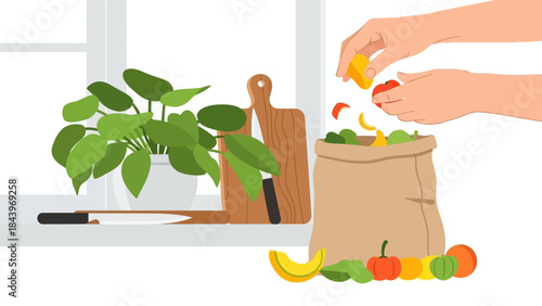 Eco-friendly kitchen composting with fresh produce in minimalist design