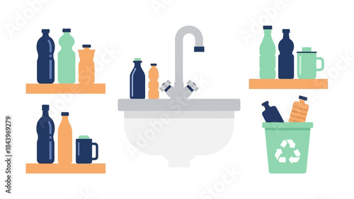 Eco-friendly kitchen recycling with flat style bottles and containers