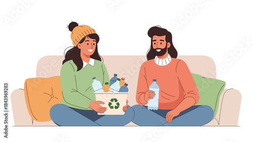 Eco-friendly couple recycling at home on comfortable sofa with colorful pillows