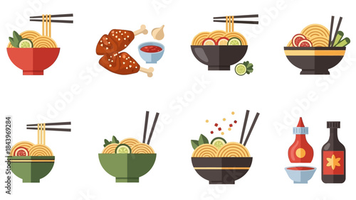 Flat style asian cuisine icons featuring noodle bowls and condiments